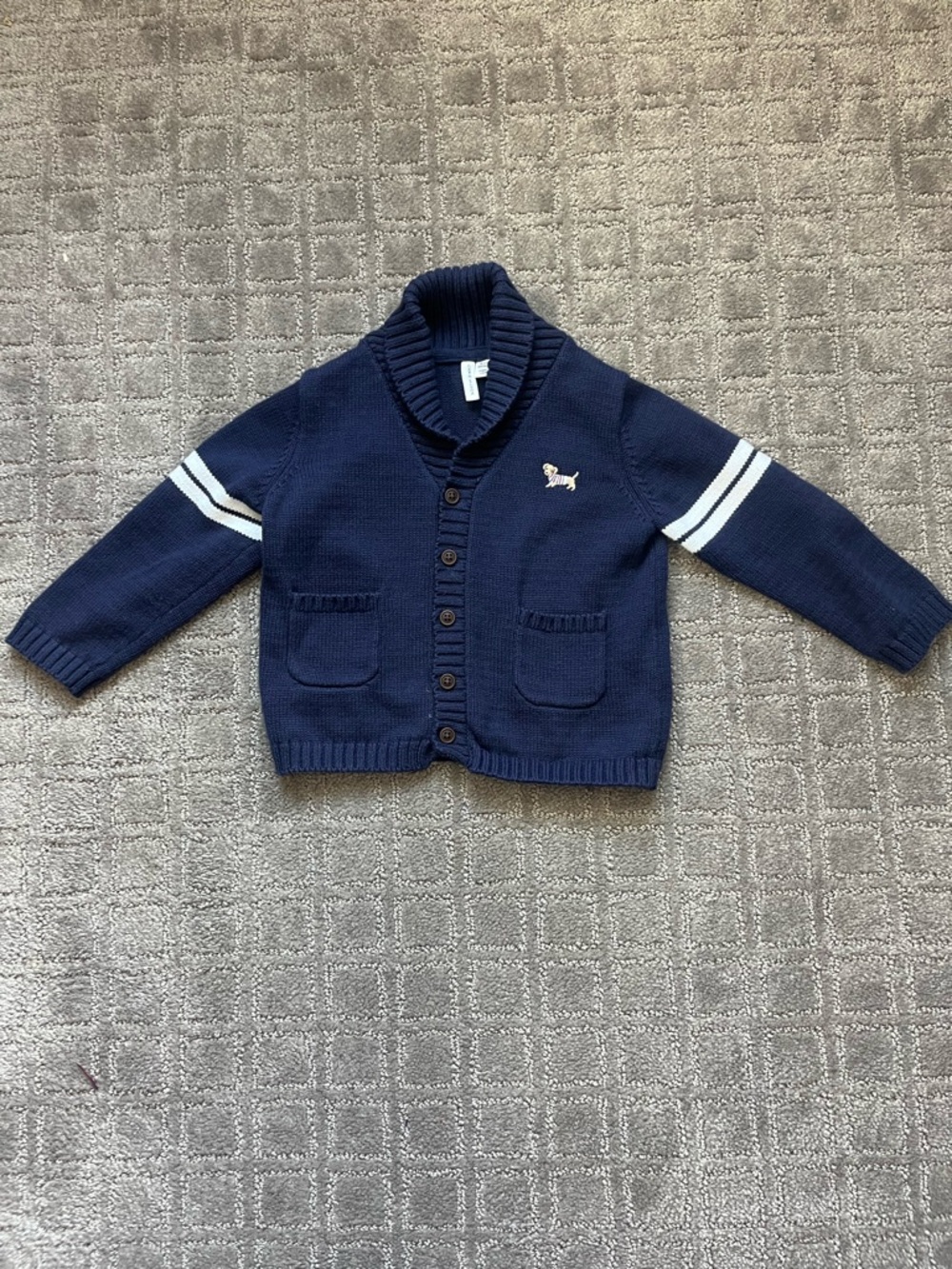 Janie & Jack Navy Shawl Collar Baby Cardigan with Stripes and embroidered dog